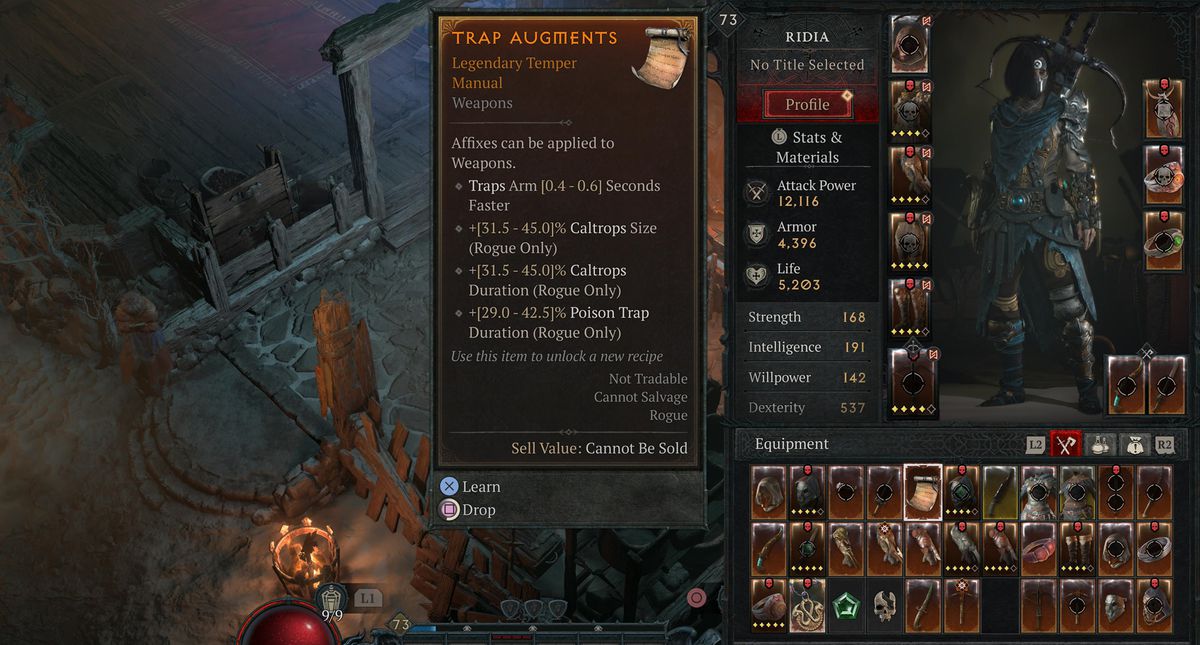 A menu shows a Diablo 4 player looking at Temper Manuals in season 4.