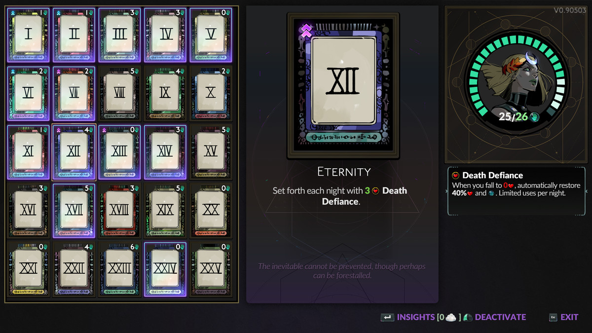 Melinoë picks out some Arcana Cards for her run in Hades 2