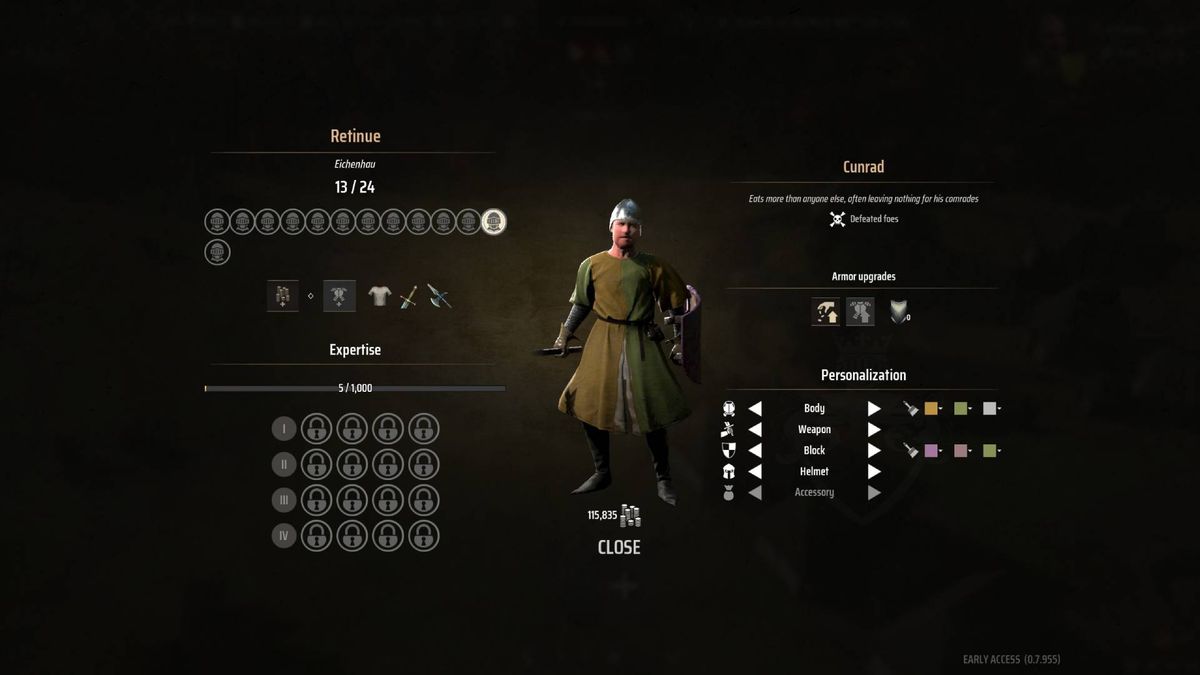 A Manor Lords menu shows how to customize a retinue.