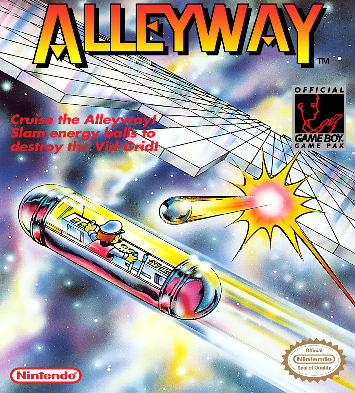 Cover art for the Game Boy game Alleyway, featuring an illustration of Mario piloting a pill-shaped spaceship and intercepting a chrome ball as he smashes a grid of rectangles in space