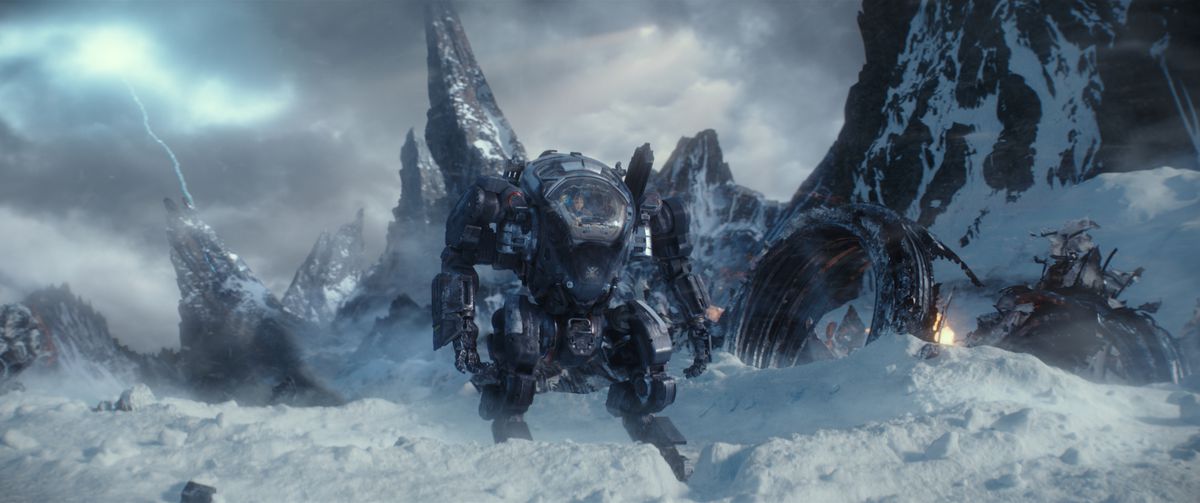 A mech suit traversing a snowy mountain area with fallen spaceship debris and lightning striking in the background