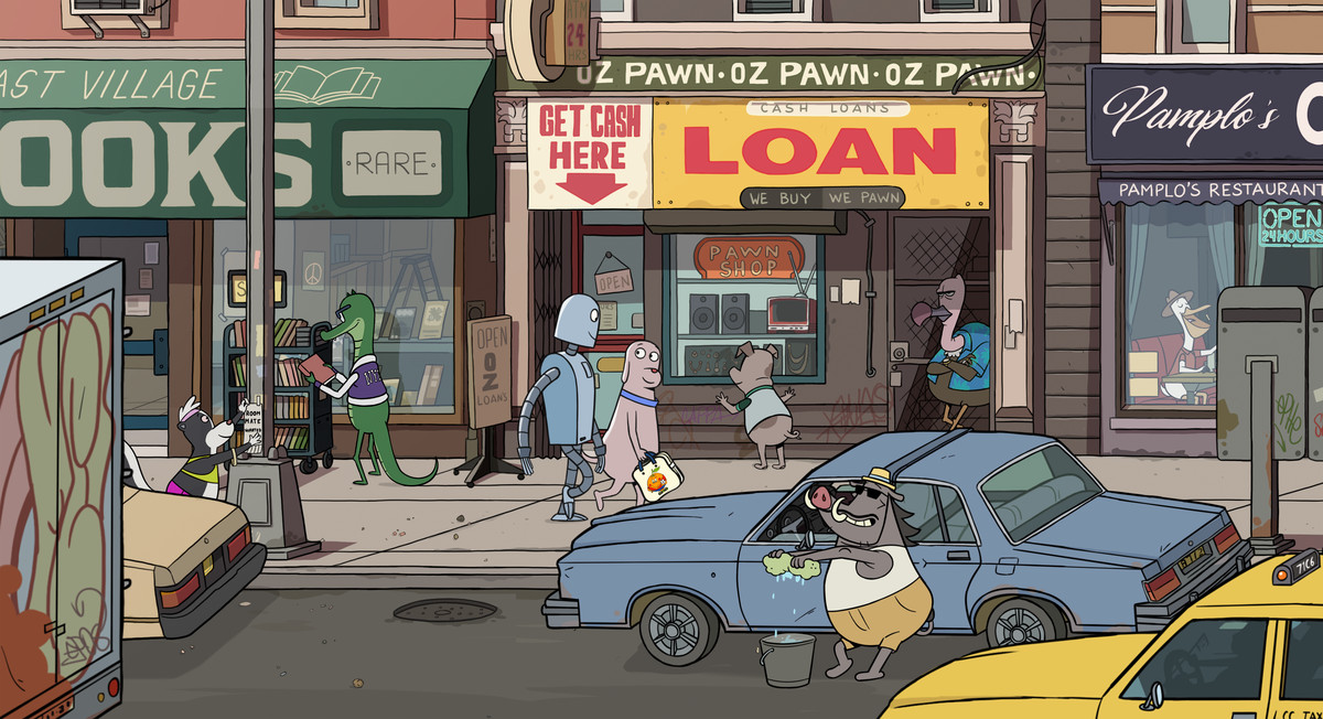 An animated dog and a robot walk through a busy New York City street.