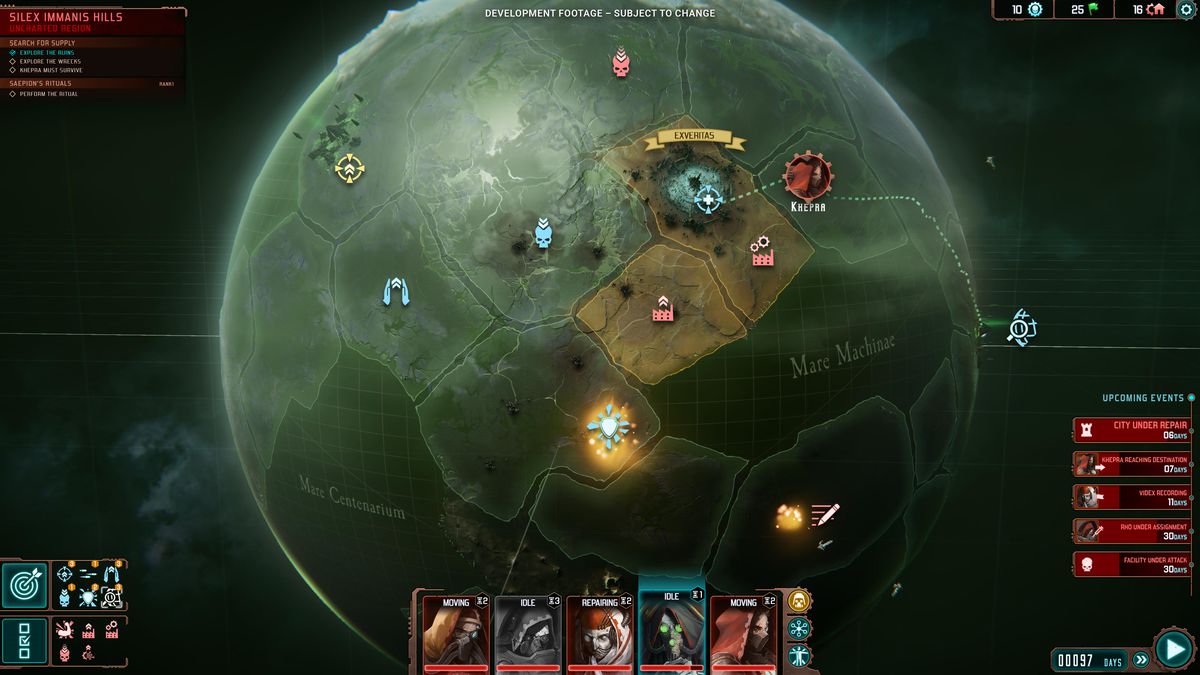 A shot from Warhammer 40,000: Mechanicus 2, showing the active war map over a Necron tomb war, with battles playing out between Necrons and Adeptus Mechanicus.