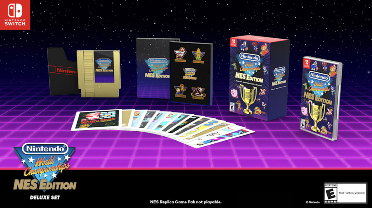 A graphic showing all the items in Nintendo World Championships: NES Edition – Deluxe Set. There is a Gold replica NES cartridge and stand to commemorate the 1990 World Championships, the Nintendo Switch game card, 13 art cards, and a set of five pins.