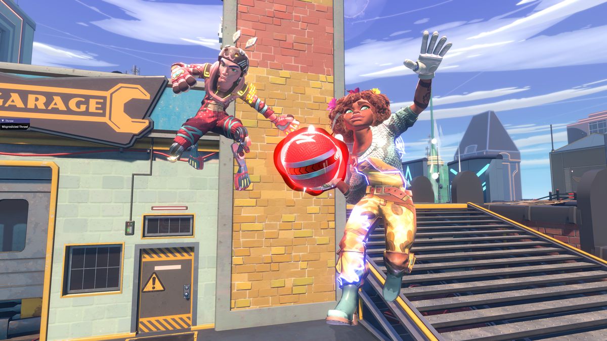 Two characters leap through the air, one with ball in hand, in a screenshot from Knockout City