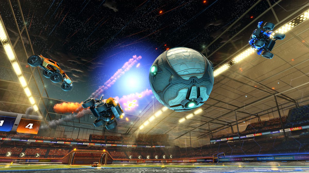 Orange and blue cars zip into the sky to chase a ball in Rocket League