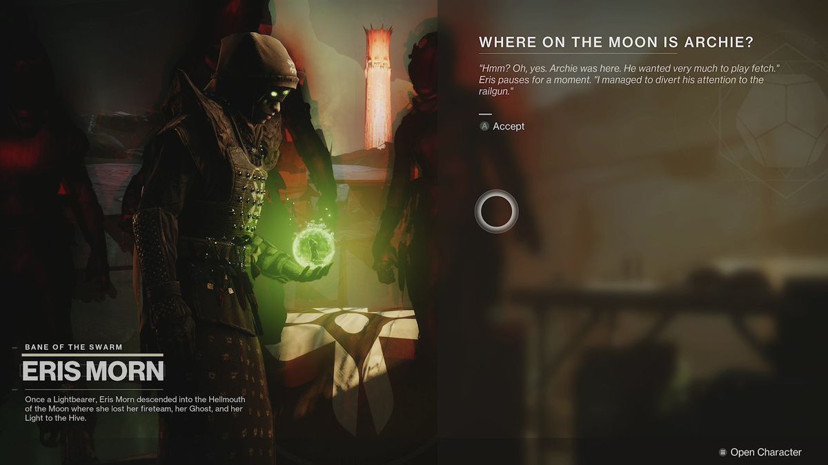 Eris Morn giving you the next step of the ‘Where on the Moon is Archie?’ quest