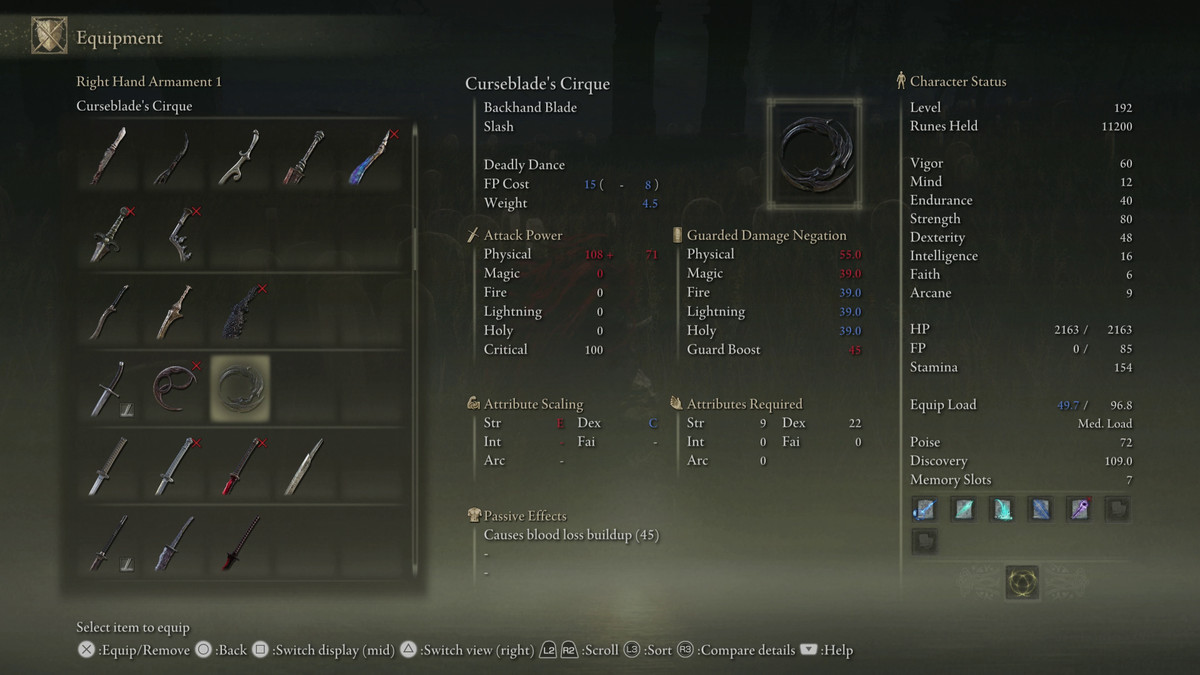 An image showing the stats for the Curseblade’s Cirque weapon in Elden Ring: Shadow of the Erdtree