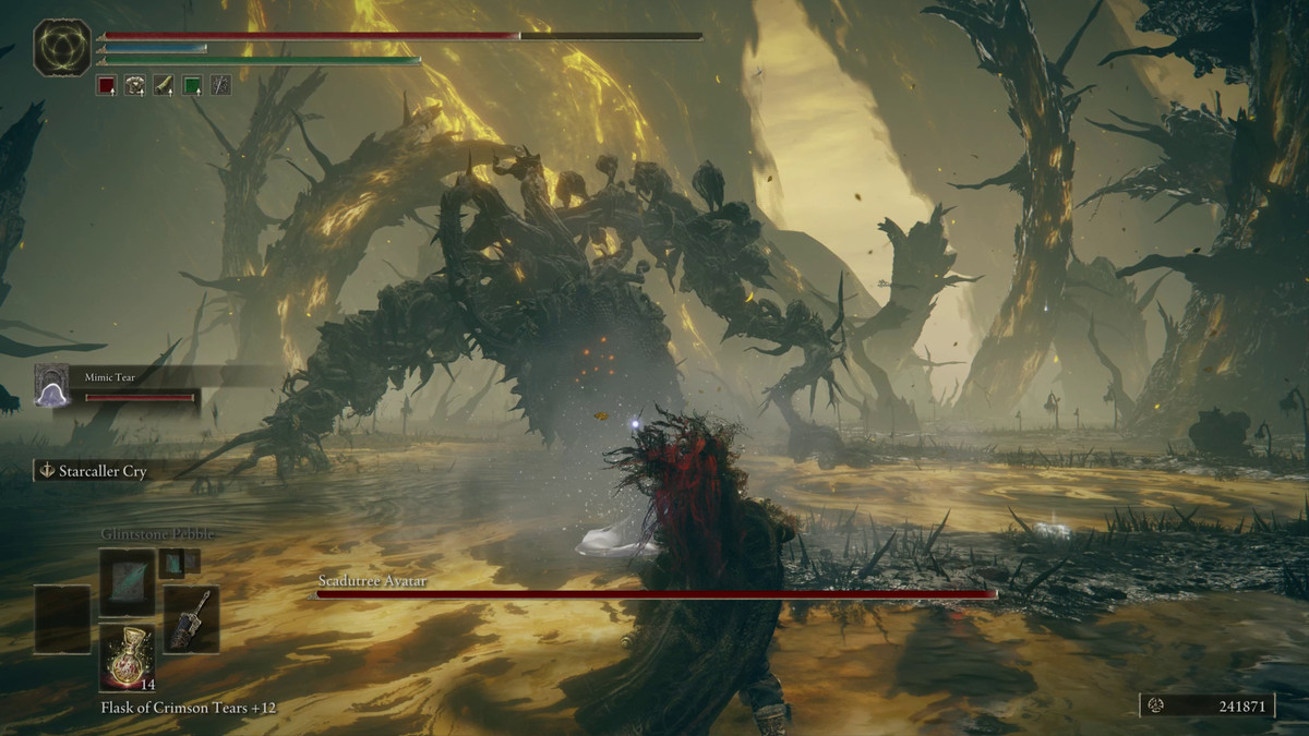 A Tarnished battles against a boss, Scadutree Avatar, in Elden Ring: Shadow of the Erdtree