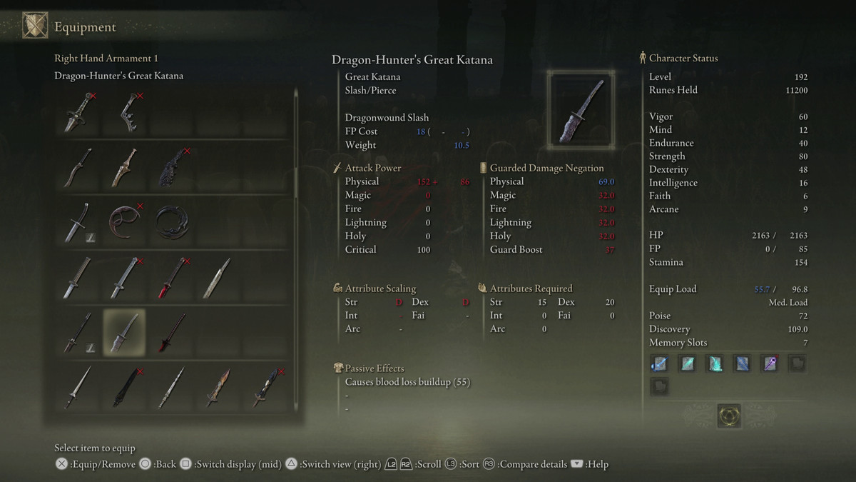 An image showing the stats for the Dragon-Hunter’s Great Katana weapon in Elden Ring: Shadow of the Erdtree