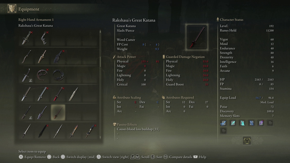 An image showing the stats for Rakshasa’s Great Katana weapon in Elden Ring: Shadow of the Erdtree