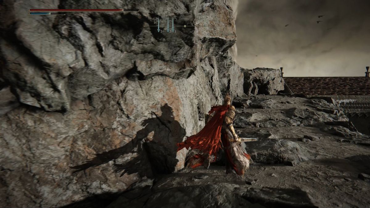 An Elden Ring character runs along a rocky cliffside