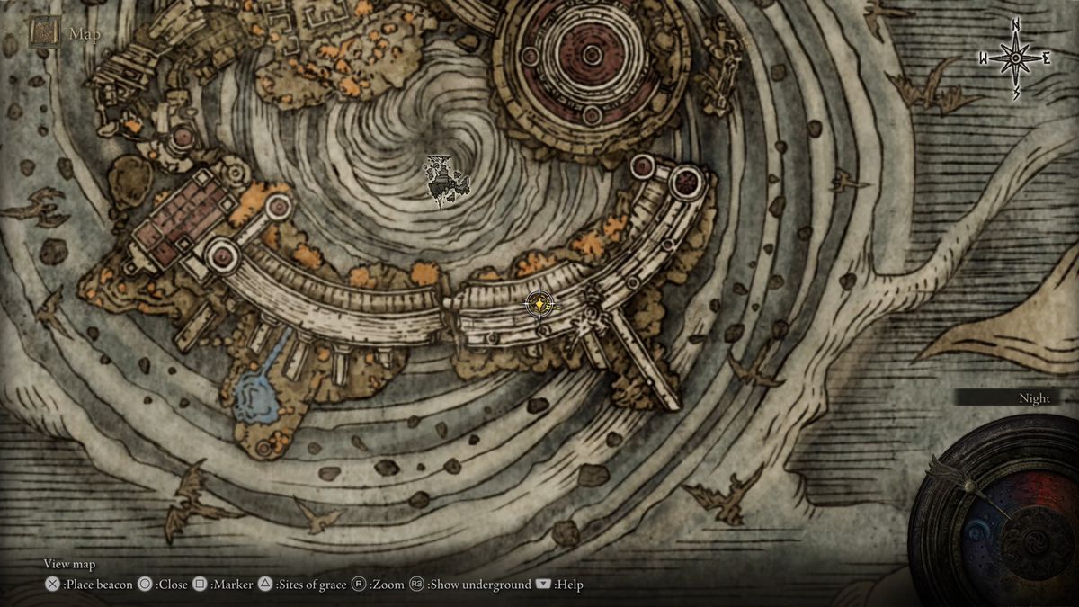 A map of a rounded ruins around a whirlpool in Elden Ring