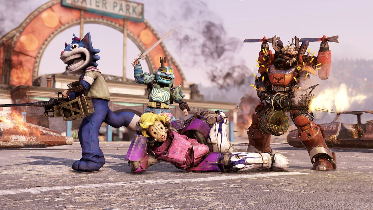 A group of players pose in a selection of wild and crazy outfits, including bright pink power armor, animal mascot garb, and a massive spiked suit with a minigun.