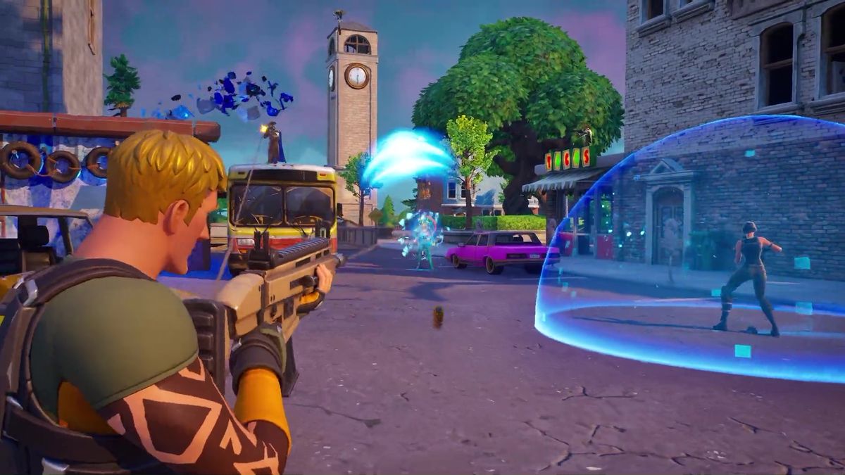 An image of a character in Fortnite Reload shooting an enemy player. Another player next to him stands inside a shield bubble.