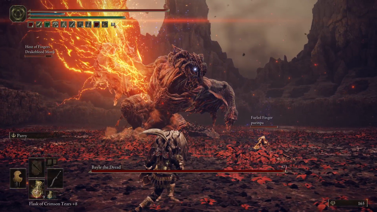 Bayle the Dread fights an Elden Ring DLC player during a Shadow of the Erdtree boss fight.