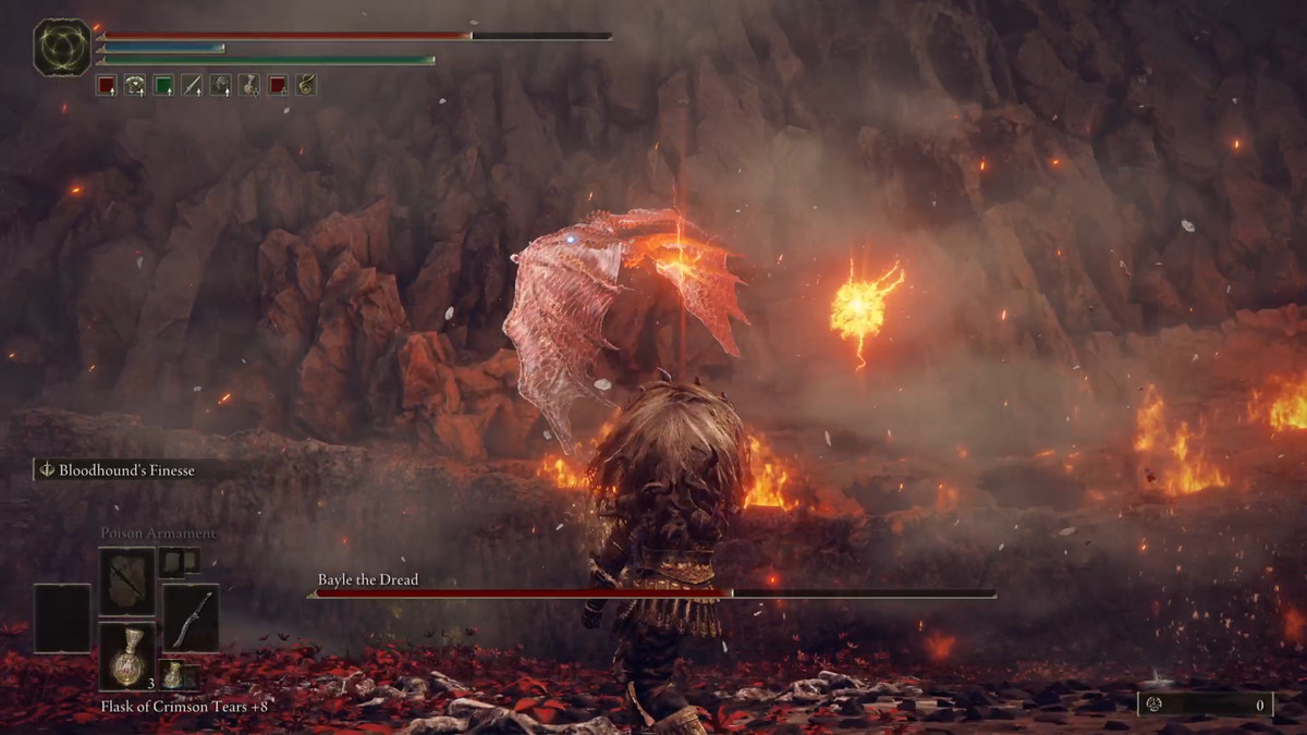 Bayle the Dread performs an aerial attack during an Elden Ring DLC boss fight.