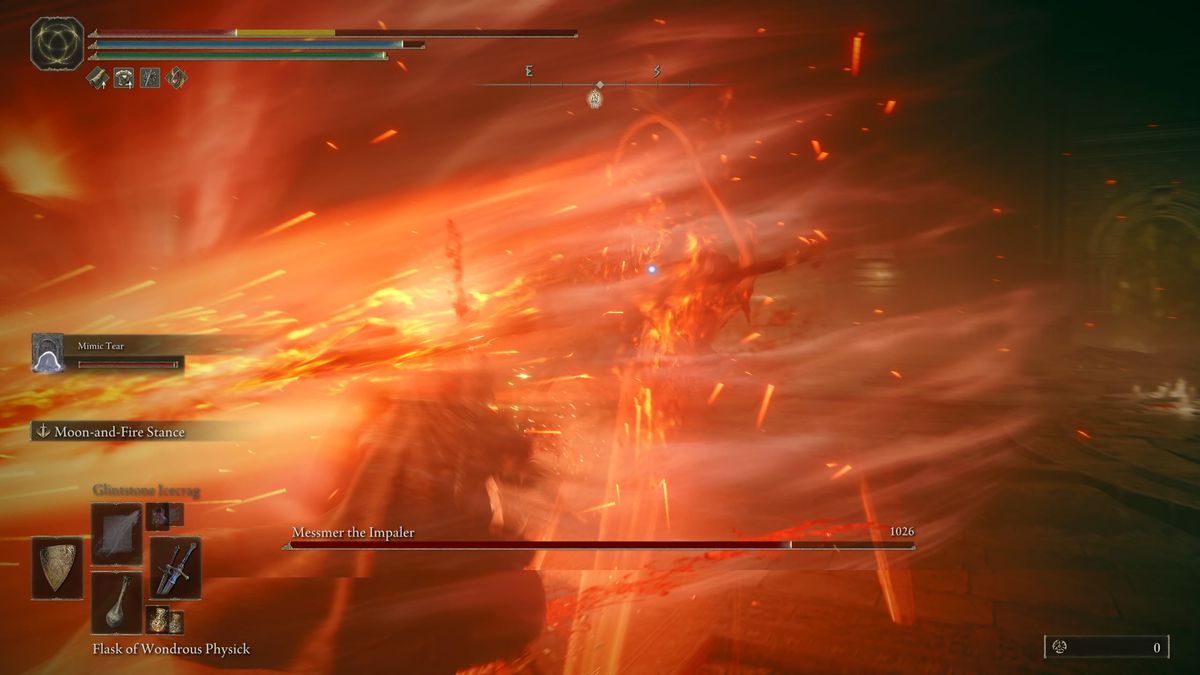 Messmer the Impaler performs a fury of spear attacks during an Elden Ring DLC boss fight.