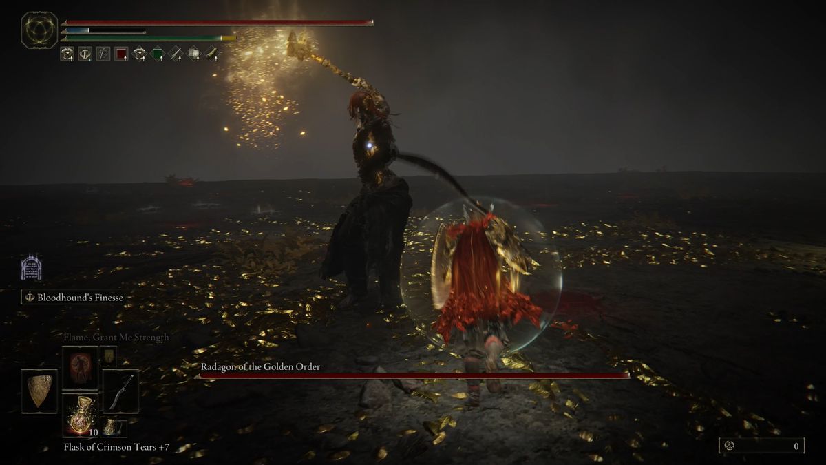 Radagon casts a spell in an Elden Ring boss fight.