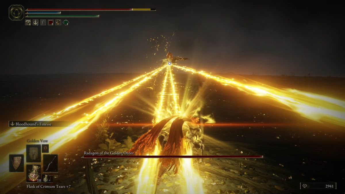 Radagon casts a holy spell in an Elden Ring boss fight.