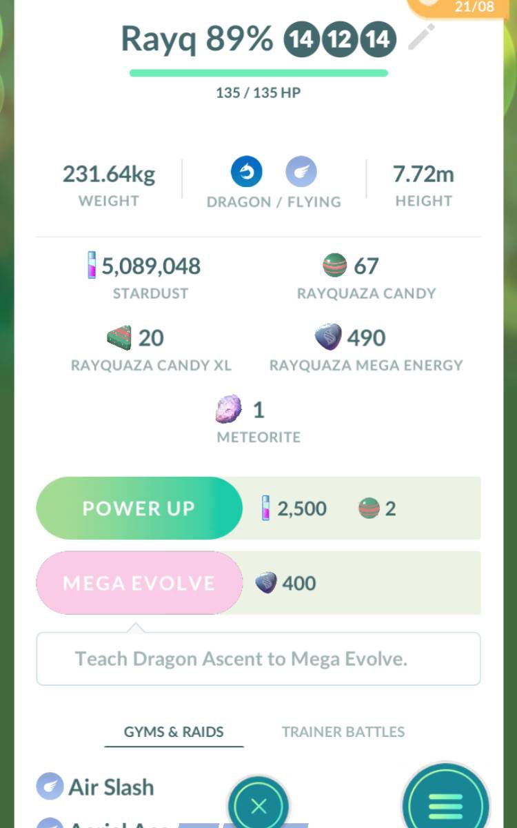 Rayquaza move and stats screen in Pokémon Go