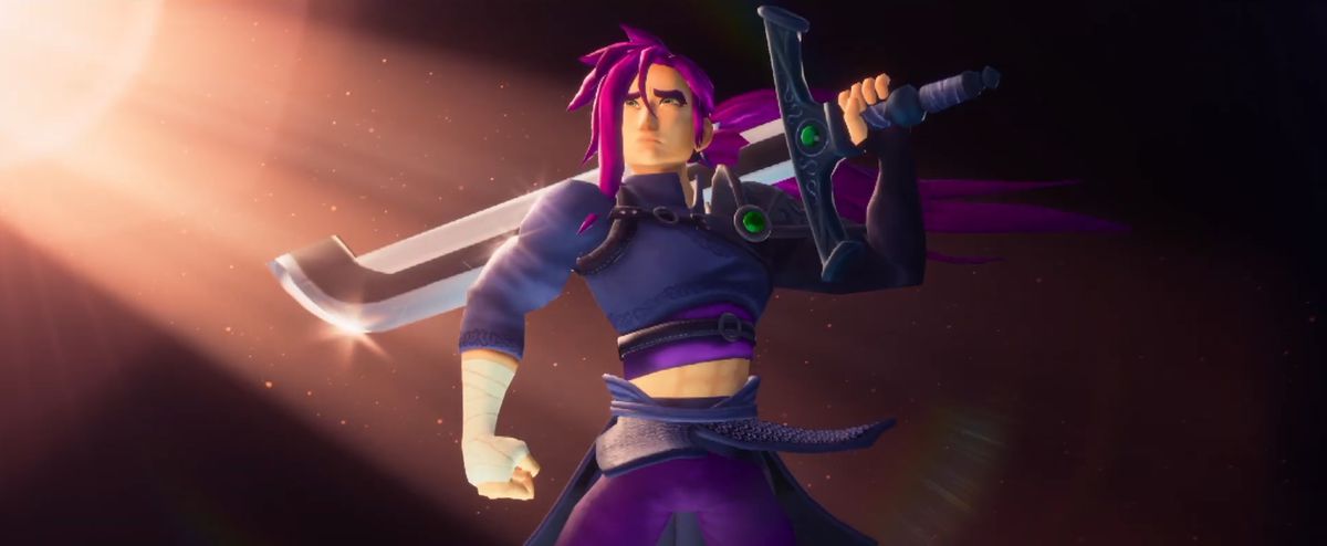 A PlayStation 2-esque video game character with billowing purple hair and a massive sword. 