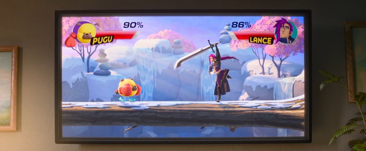 An animated version of a video game on a TV screen. It looks like a Super Smash Bros.-esque game, where a cartoony blob and a JRPG character battle it out. 