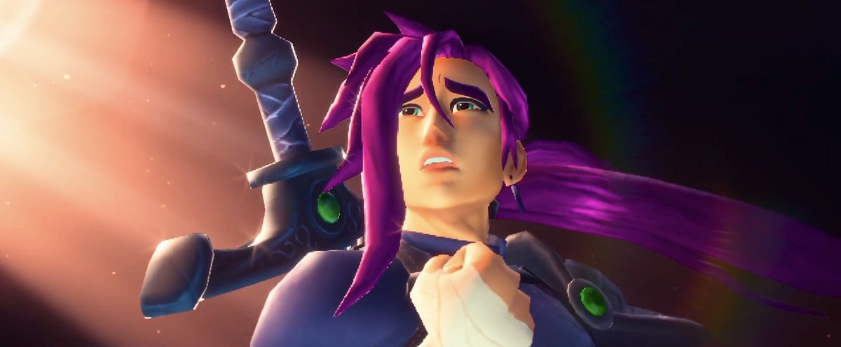 A low-poly video game character holding up a fist, dramatic purple hair billowing in the wind, a massive sword strapped to his back