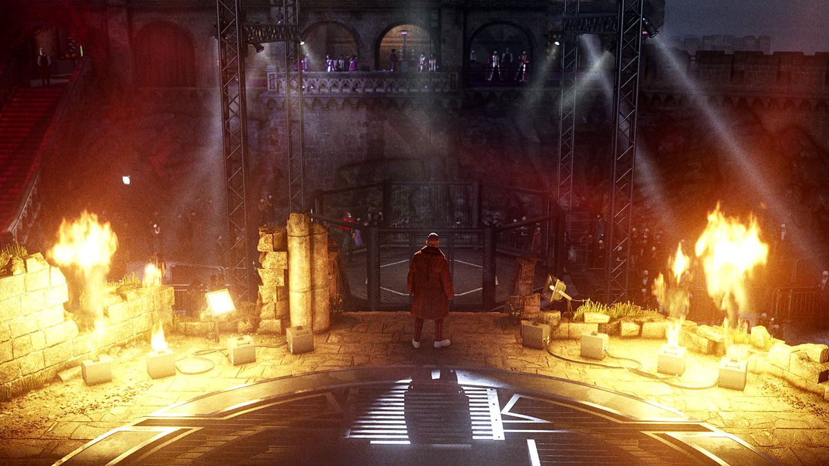 Conor McGregor’s character The Disruptor stands outside an octagonal cage and is flanked by flames in a screenshot from Hitman World of Assasination