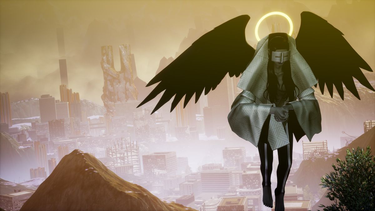 A character from Shin Megami Tensei 5: Vengeance with black angel wings, a gold halo, and a mask hovers in the foreground, facing the viewer. A massive cityscape vista is in the background