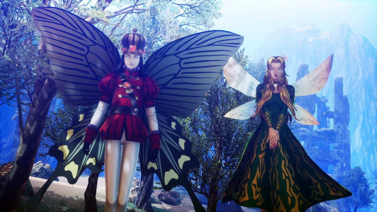 Two colorfully dressed characters from Shin Megami Tensei 5: Vengeance stand next to one another. The one on the left is wearing a king’s crown and soldier uniform and has massive butterfly wings; the one on the right has smaller fairy wings and a long black dress on