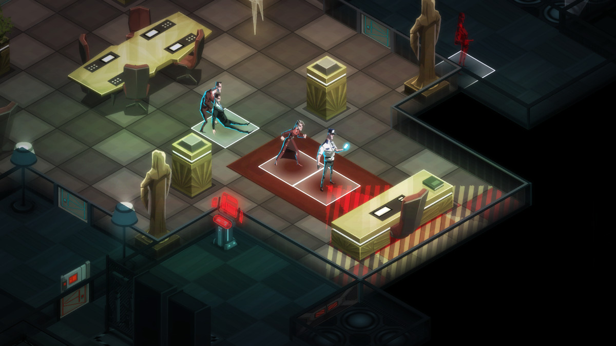 In Invisible Inc., one spy takes out an opponent while another sneaks up on a security guard