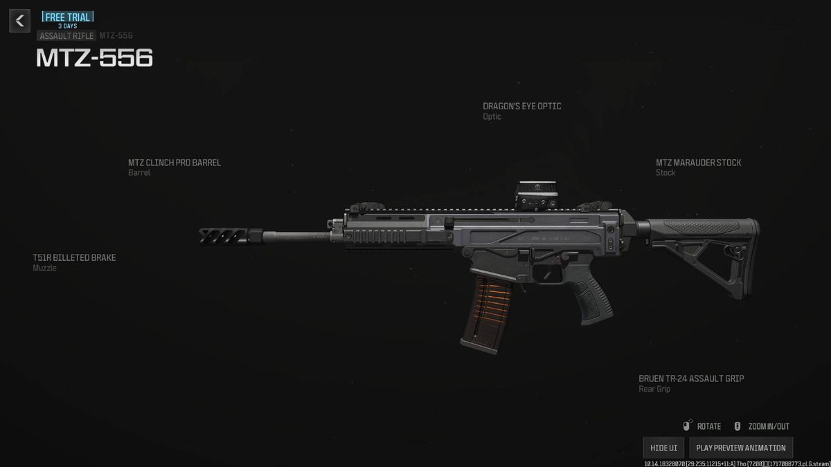 A menu shows the MTZ 556 as one of the best guns in Call of Duty MW3 as of season 4.