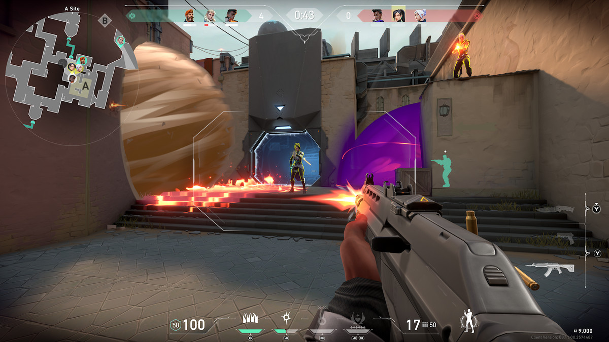 A screenshot from Valorant on Xbox Series X, a Phoenix player aims at a Sage player on Bind