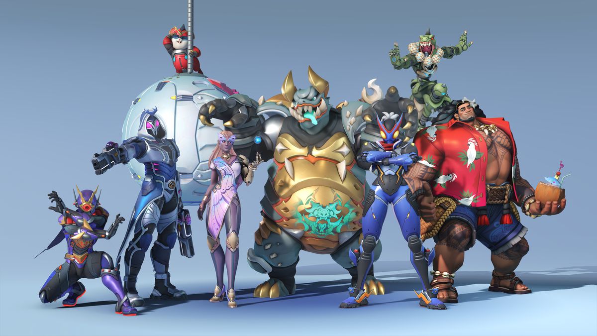 Season 11 Legendary skins for Genji, Reaper, Wrecking Ball, Symmetra, Roadhog, Sojourn, Zenyatta, and Mauga from Overwatch 2