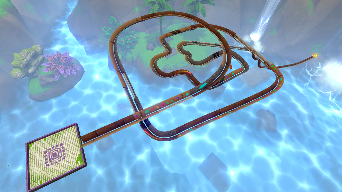 An aerial view of a Super Monkey Ball Banana Rumble stage, showing a twisting, angled track hanging high over sun-dappled water