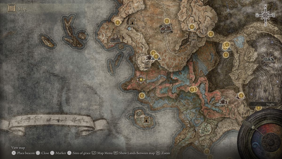 A screenshot of the Elden Ring: Shadow of the Erdtree map, highlighting the location of the Glovewort Crystal Tear and its Furnace Golem in Charo’s Hidden Grave