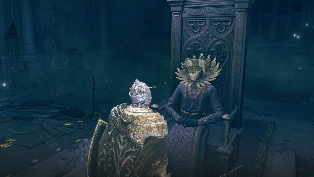 A Tarnished warrior speaks to Count Ymir, a sorcerer seated on a wooden throne in Manus Metyr in a screenshot from Elden Ring: Shadow of the Erdtree