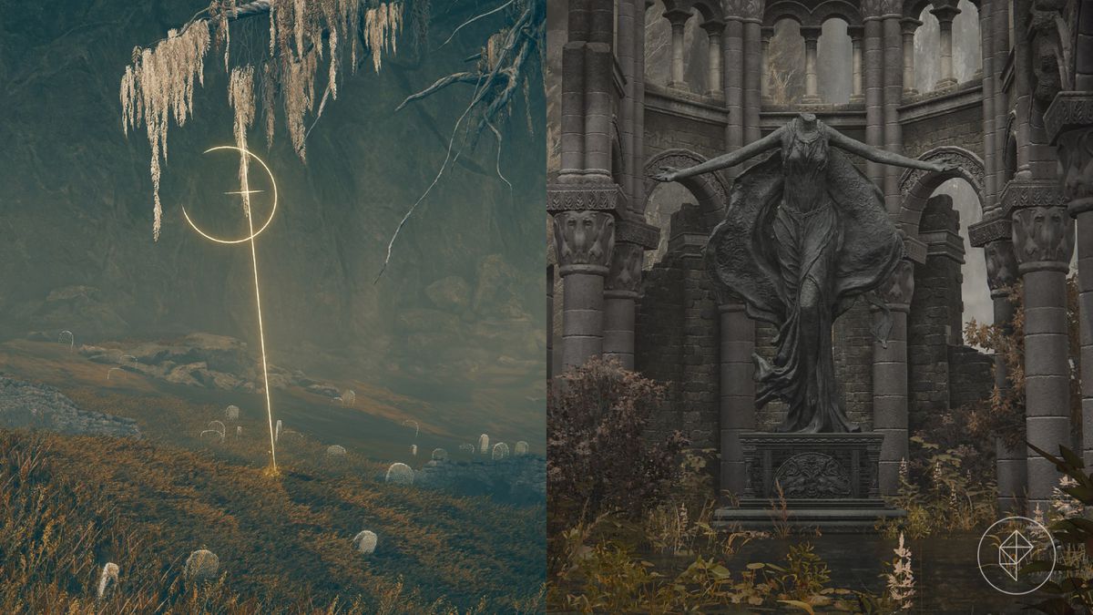 A cross with a crescent made of light in a graveyard and a headless statue with its arms open from the Elden Ring DLC Shadow of the Erdtree.