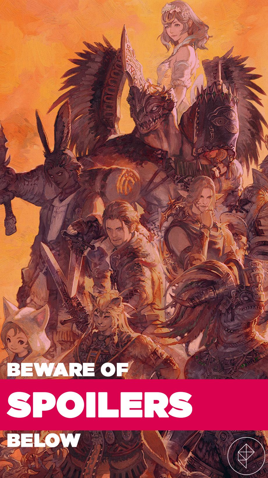 A large spoiler warning image for FFXIV: Dawntrail using the key art featuring Meteor, Erenville, Urianger, Krile, Wuk Lamat, and other characters.