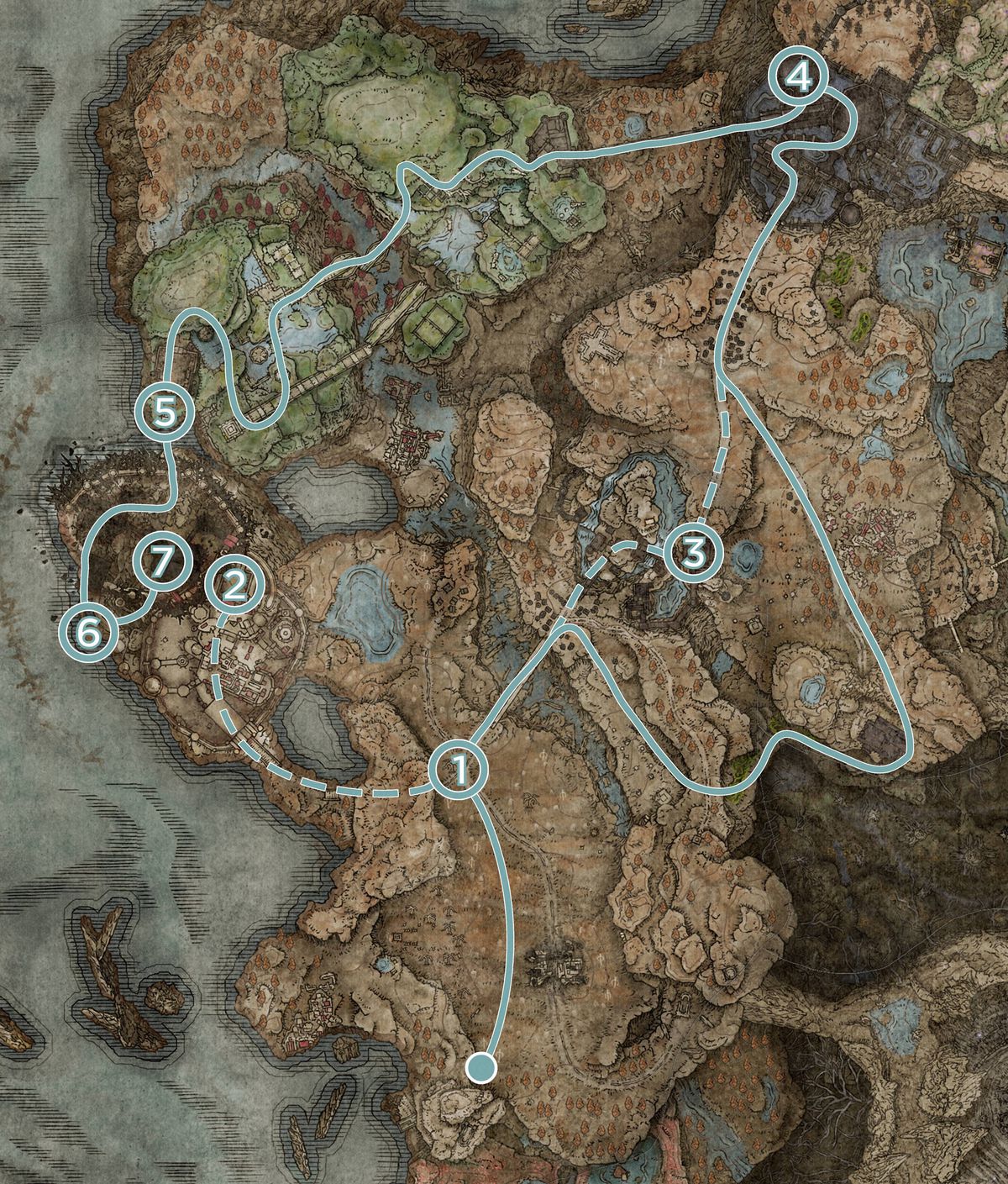 A map of the Shadow of the Erdtree DLC marked with routes that show the path for the main story.