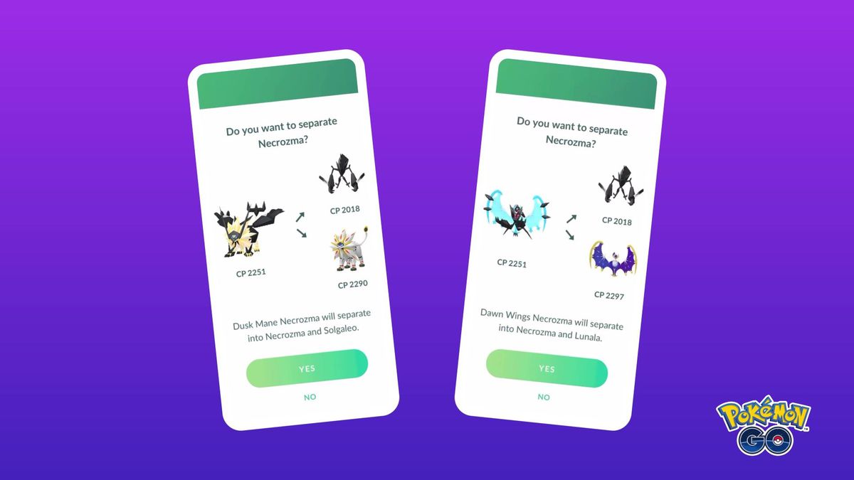 A preview of separating Dusk Mane Necrozma and Dawn Wings Necrozma in Pokémon Go