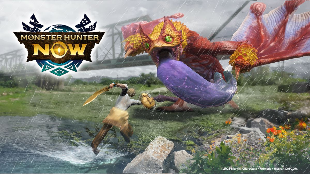 Coral Pukei-Pukei attacks a hunter beneath a bridge in Monster Hunter Now.