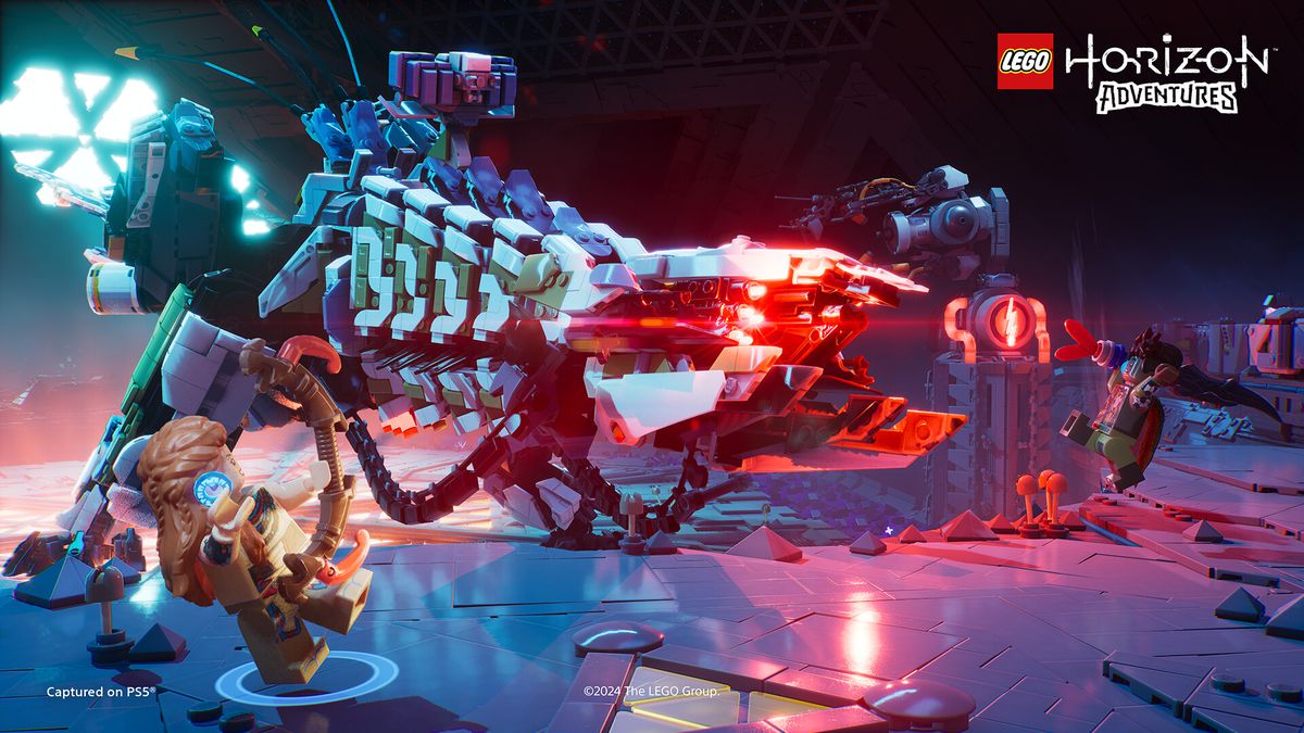 Aloy and Varl battle a machine enemy in a screenshot Lego Horizon Adventures