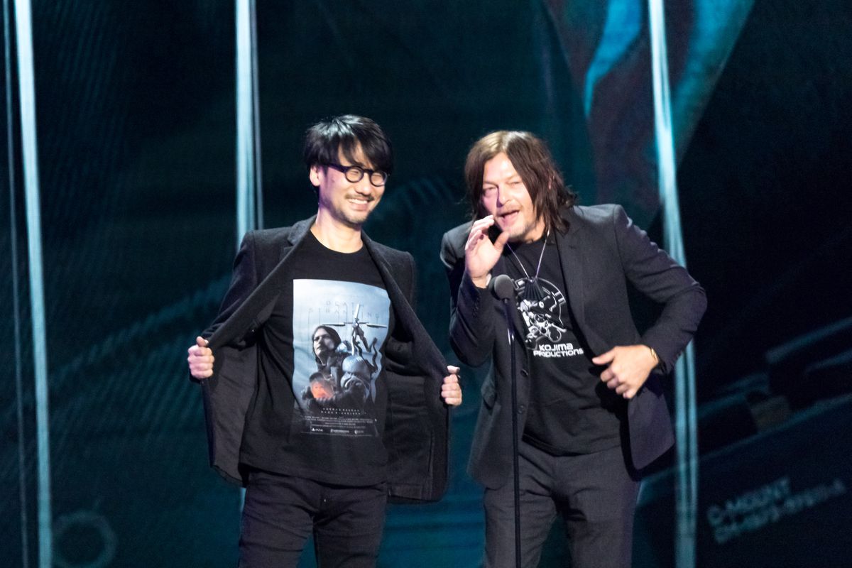 A photo shows Hideo Kojima and Norman Reedus on stage at The Game Awards, with Kojima wearing a Death Stranding shirt