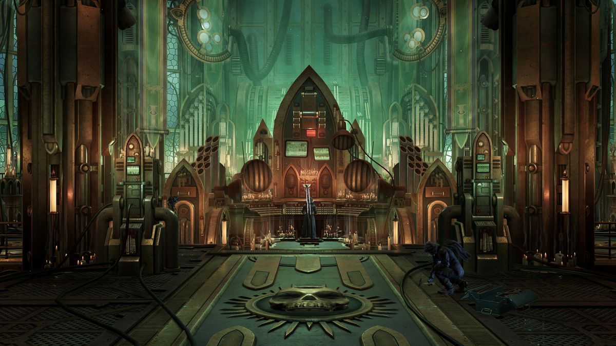 The bridge of the Rogue Trader’s voidship, a massive space vessel in the Warhammer 40,000 setting. It’s made of gothic architecture, with eerie green lighting and heavy brass framing for the equipment and screens.