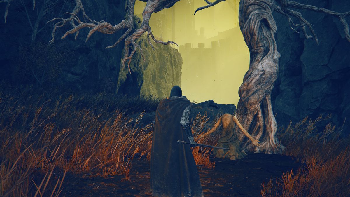 A Tarnished warrior stands before the O Mother gesture statue in Bonny Village in a screenshot from Elden Ring: Shadow of the Erdtree