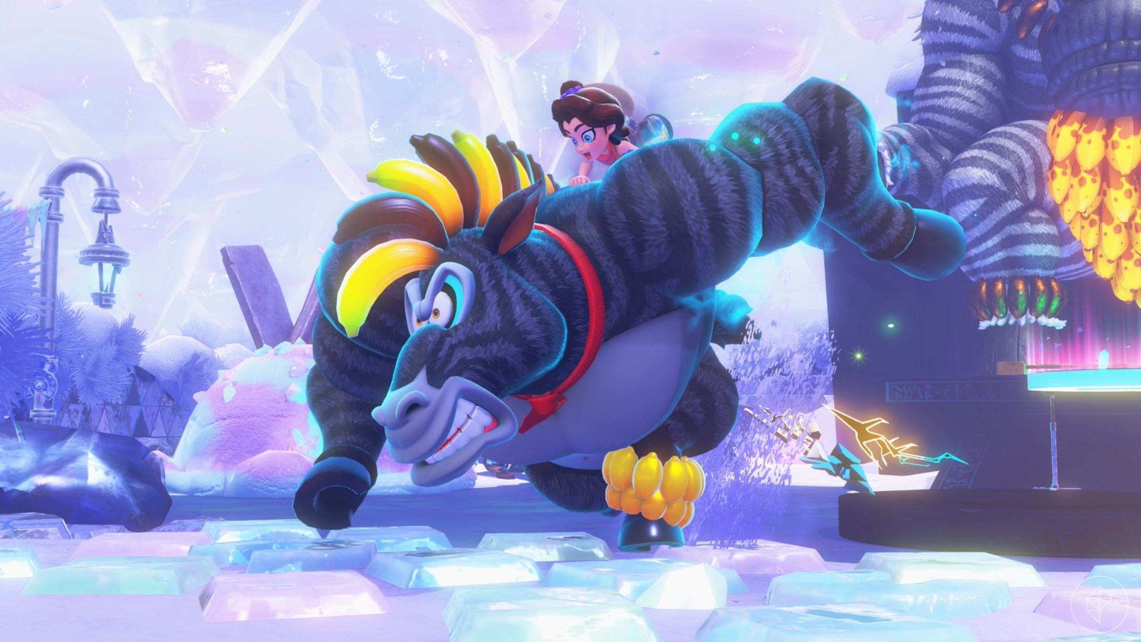 Zebra Bananza DK runs in front of the Zebra Elder in Donkey Kong Bananza.