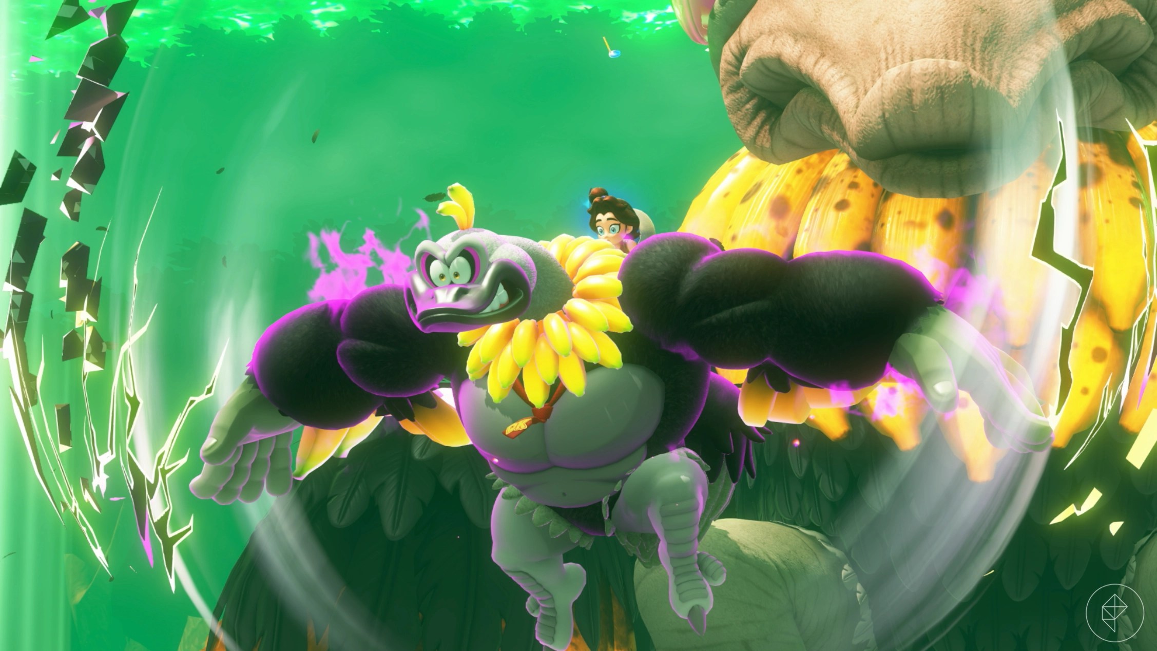 Ostrich Bananza DK flaps his arms high in the Forest Layer in Donkey Kong Bananza