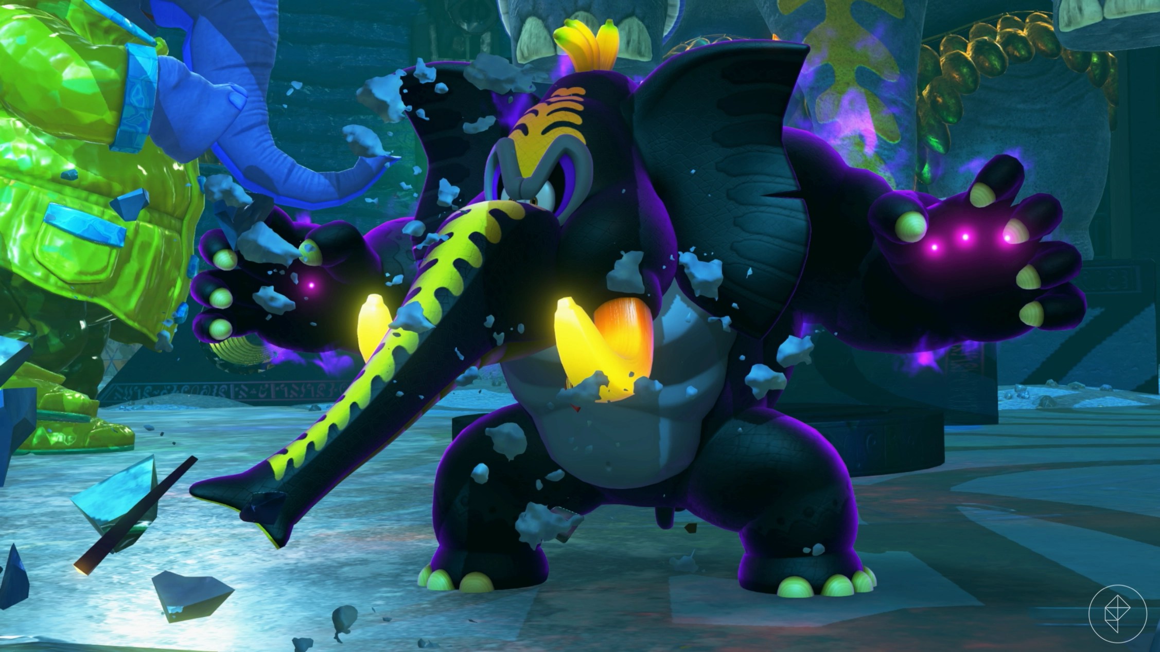 Elephant Bananza DK sucks up a bunch of terrain using his trunk in Donkey Kong Bananza.